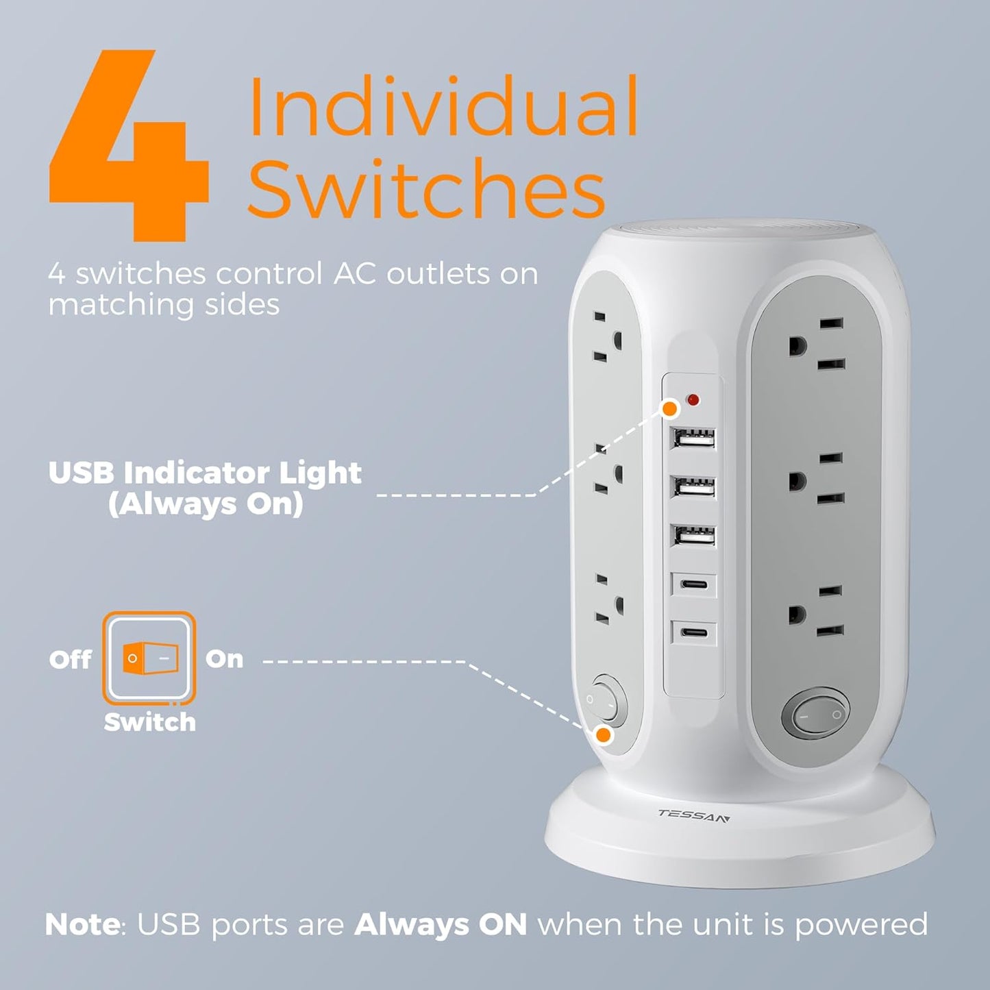 TESSAN 12 5 Ports(2 10 1250W, Tower Power Strip with Individual Switches, Surge Protector with Outlets, USB USB C)