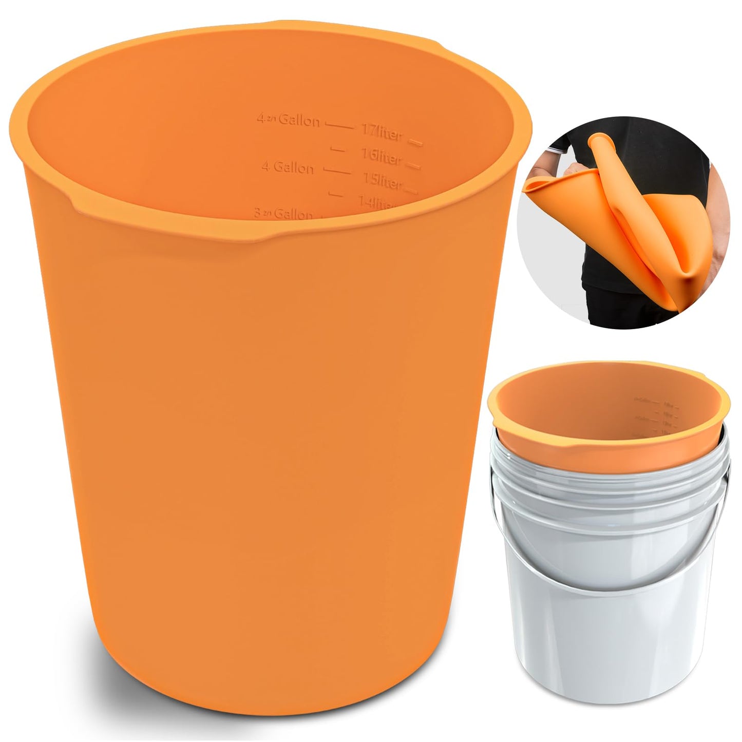 Dxmnoly 5 Gallon Silicone Bucket Liner - Reusable Measuring Mixing Liner for Concrete, Mortar, Grout, Paint - Food Grade Non-Stick with Measurement Marks - Easy to Clean & Durable (Orange)