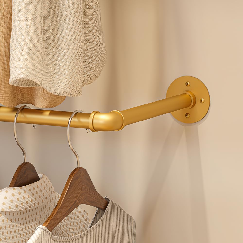 KaKaBB Heavy Duty Gold Pipe Clothing Rack - Wall Mounted Industrial Clothes Rack, DIY Corner Closet System with Shelves, Adjustable Walk-in Closet Organizer (GOLD, 94.5")