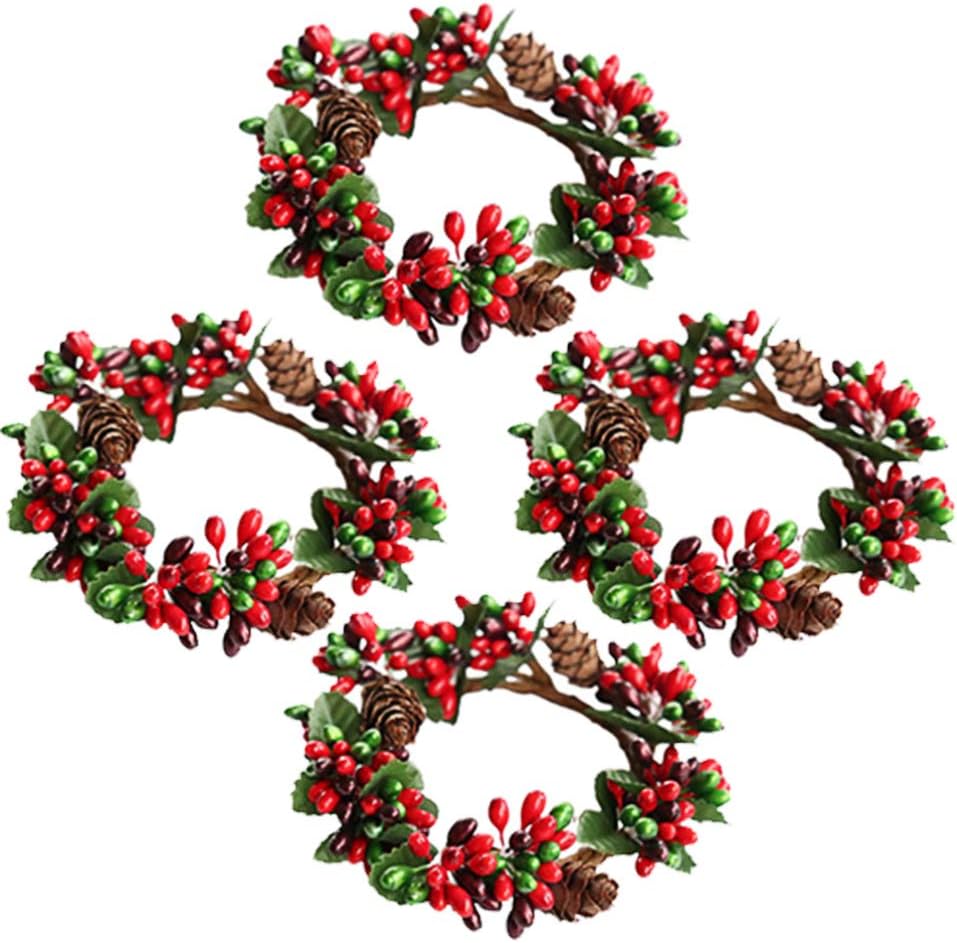 PRETYZOOM Christmas Candle Rings - 4Pcs Artificial Berry Mini Wreaths for Pillar Candles | Holiday Table Decor