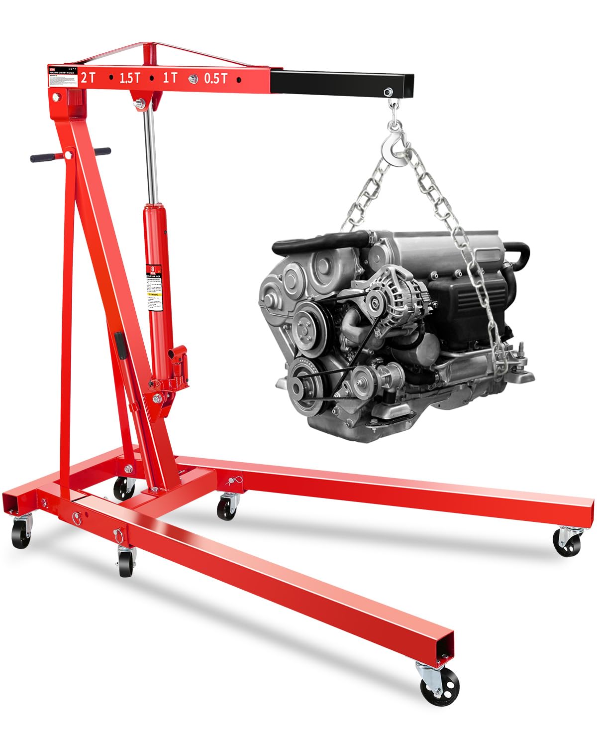 2-Ton Shop Crane, Hydraulic Folding Engine Hoist w/6 Steel Casters - Lift Car Transmissions, Boat Motors, Farm Equipment (Net Wt. 157 lbs)