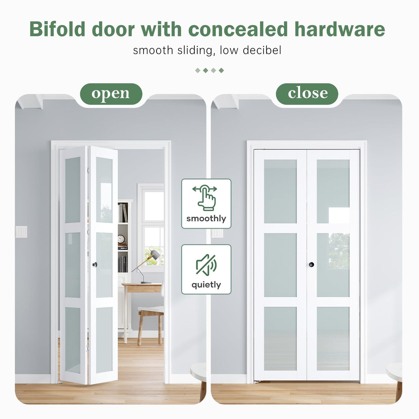 Roymelo Bifold Doors for 36"×80-3/4" Opening, Preassembled White Frosted Glass Folding Barn Door, Sliding Interior Wood Panel Closet Bifolding Door with Concealed Hardware Kit Included