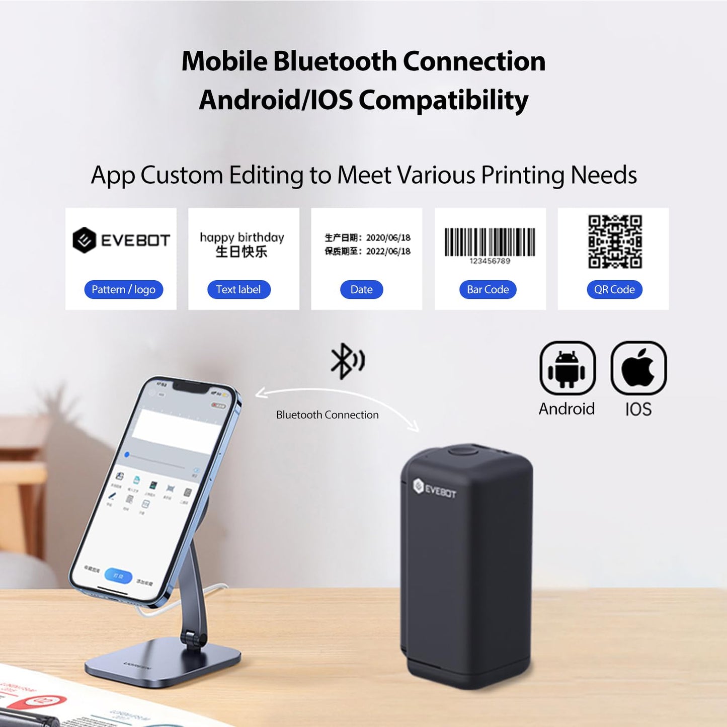 EVEBOT Handheld Inkjet Printer 1.02 Inch Print Width for Any Surface Portable Logo Printer Bluetooth Connection to Phone Label Machine for Text Barcode QRCode Production Date Batch Number- Black 1PCS