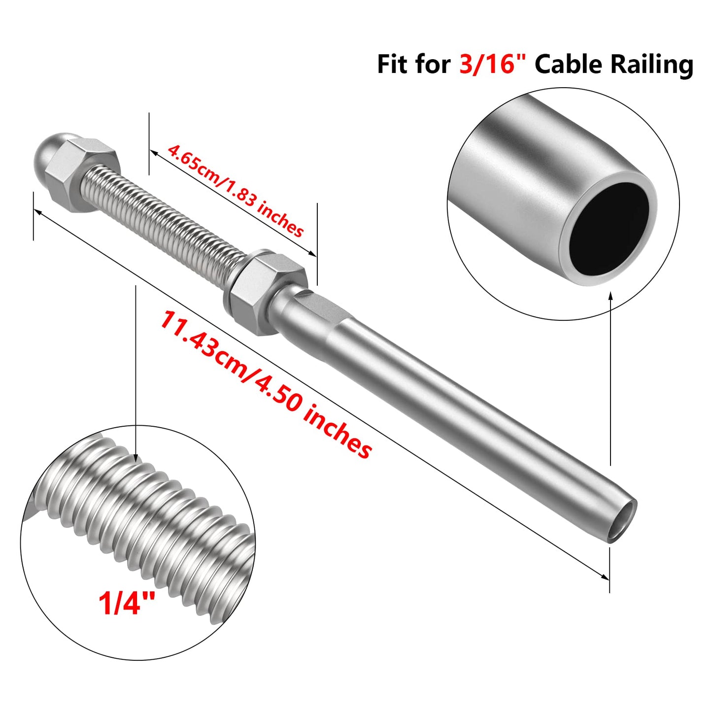 BLIKA 100 Pack 3/16" Cable Railing Swage Threaded Stud Tension End Fitting Terminal for 3/16" Cable Deck Railing Hand Swage T316 Stainless Steel Marine Grade, Swages Threaded Terminal