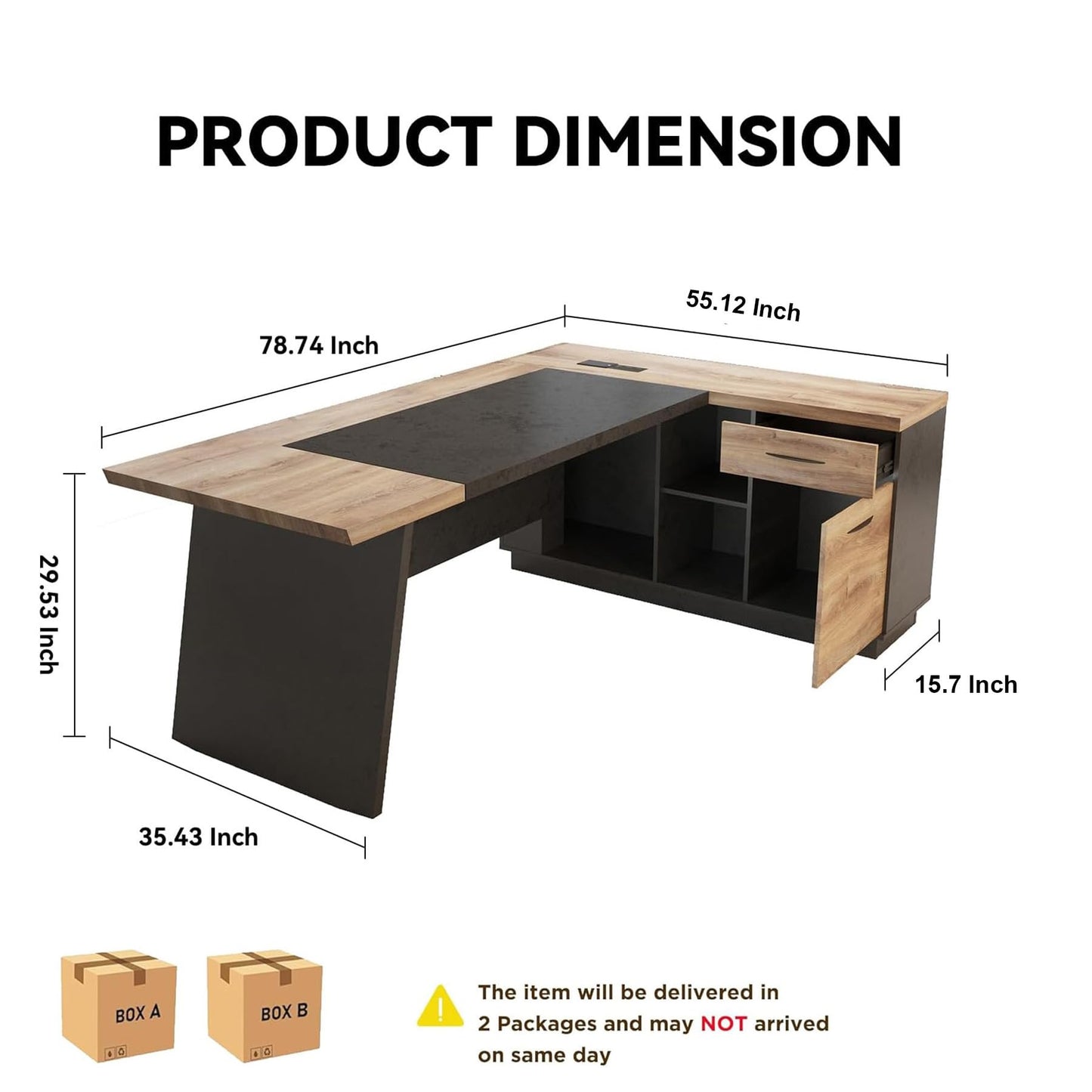ONNAHOMEStlyle 78.74 Inch L Shaped Office Desk with Drawers & Built-in Power Access, Large Executive Workstation with Storage Cabinet, Modern Wooden Desk for Business or Home Office (Mahogany, Left)