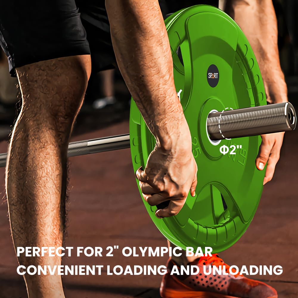 SPART Color Weight Plate 2-Inch Rubber Coated Olympic Grip Plate for Barbell,Solid Cast Iron Weight Plates in Pairs or Single for Strength Training,Weightlifting,Crossfit,Home Gym, 65LB Combo