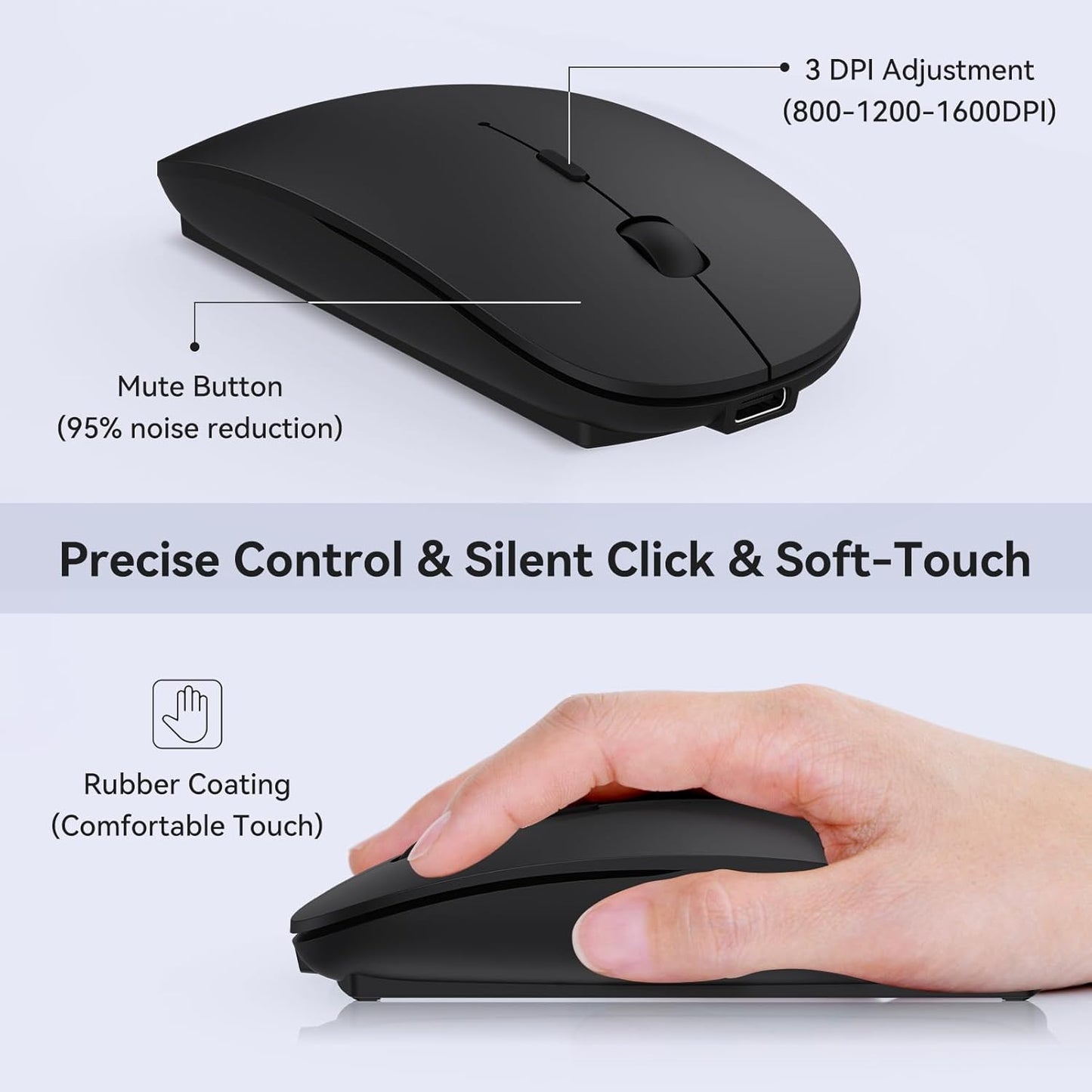 cimetech Rechargeable USB C Mouse, Type C Wireless Mice for MacBook Air, USB-A & Type-C Receiver, Portable Lightweight