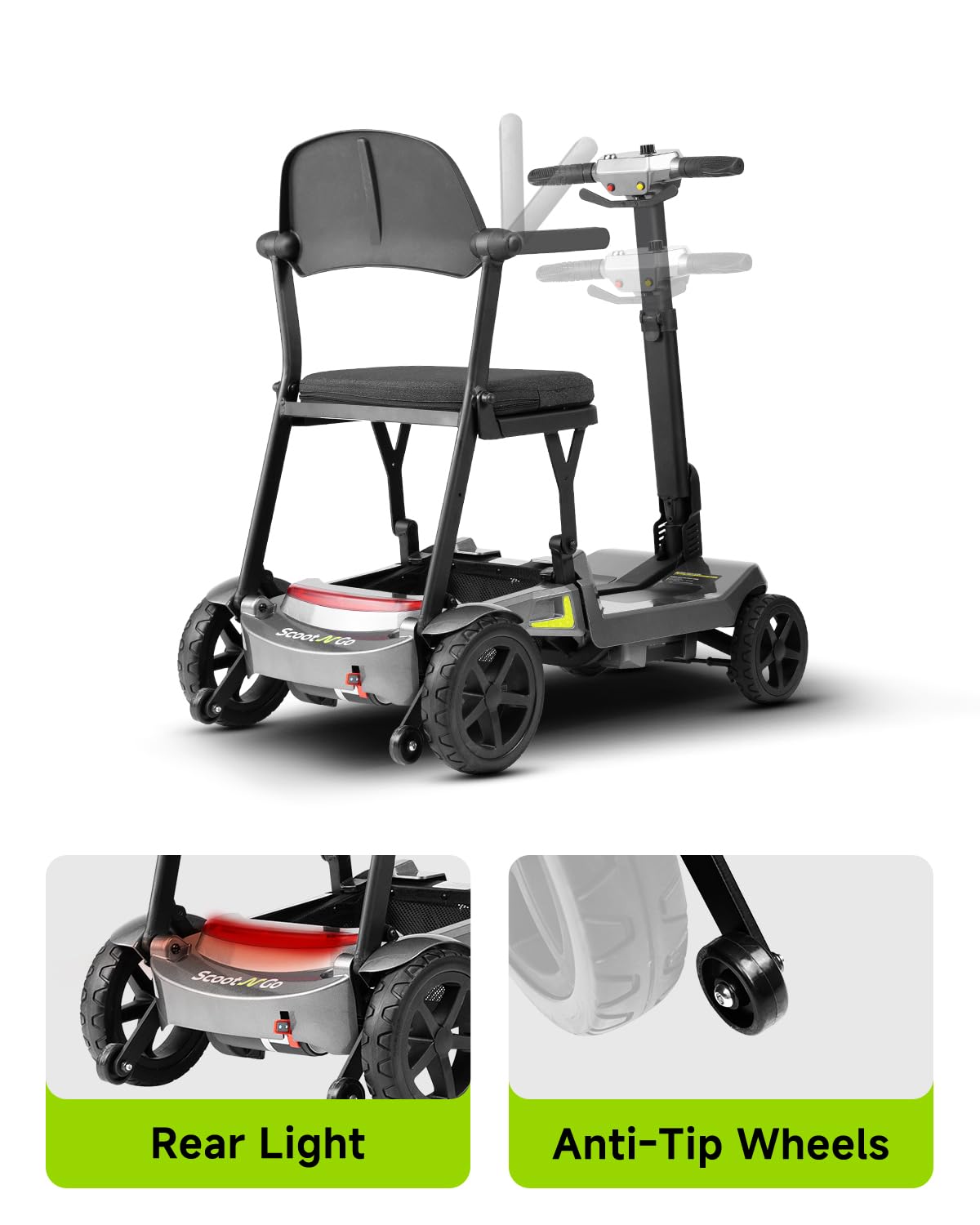SCOOTNGO Mobility Scooters for Seniors & Adults 4 Wheel Travel Mobility Scooter Airline Approved with Two Batteries, Lightweight, Foldable, No Assembly Needed (Silver Grey, Dual Batteries)