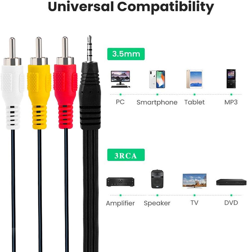 10FT 3.5mm 3 1/8" 3 Love Your TRRS to RCA Stereo Audio Video AUX Cable, Camcorder AV Video Output Cable to RCA Cord