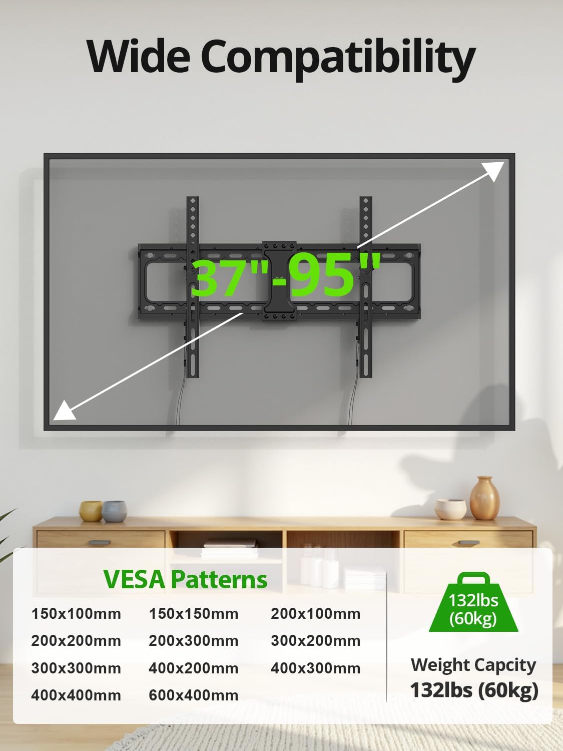 USX MOUNT 37"-95" 600x400mm 132lbs, 16", 24" Tilting TV Wall Mount for Most Flat Curved Screen Television, TV Bracket
