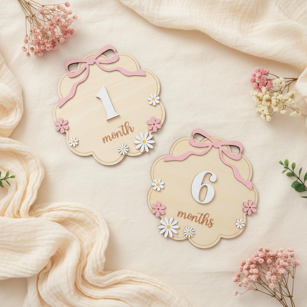 TTMerriwood Set 112 Wooden Baby Monthly Milestone Sign with Pink Bow, Month Cloud Shape Photo Prop, Floral Baby Girl