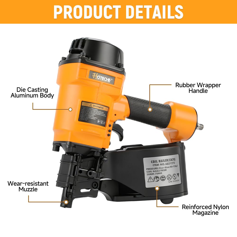 Hoteche Pneumatic Coil Nail Gun, 50-70mm Nail Length, 300pcs Capacity, 5-8bar Pressure, with European/American/Japanese Inserts, Color Box
