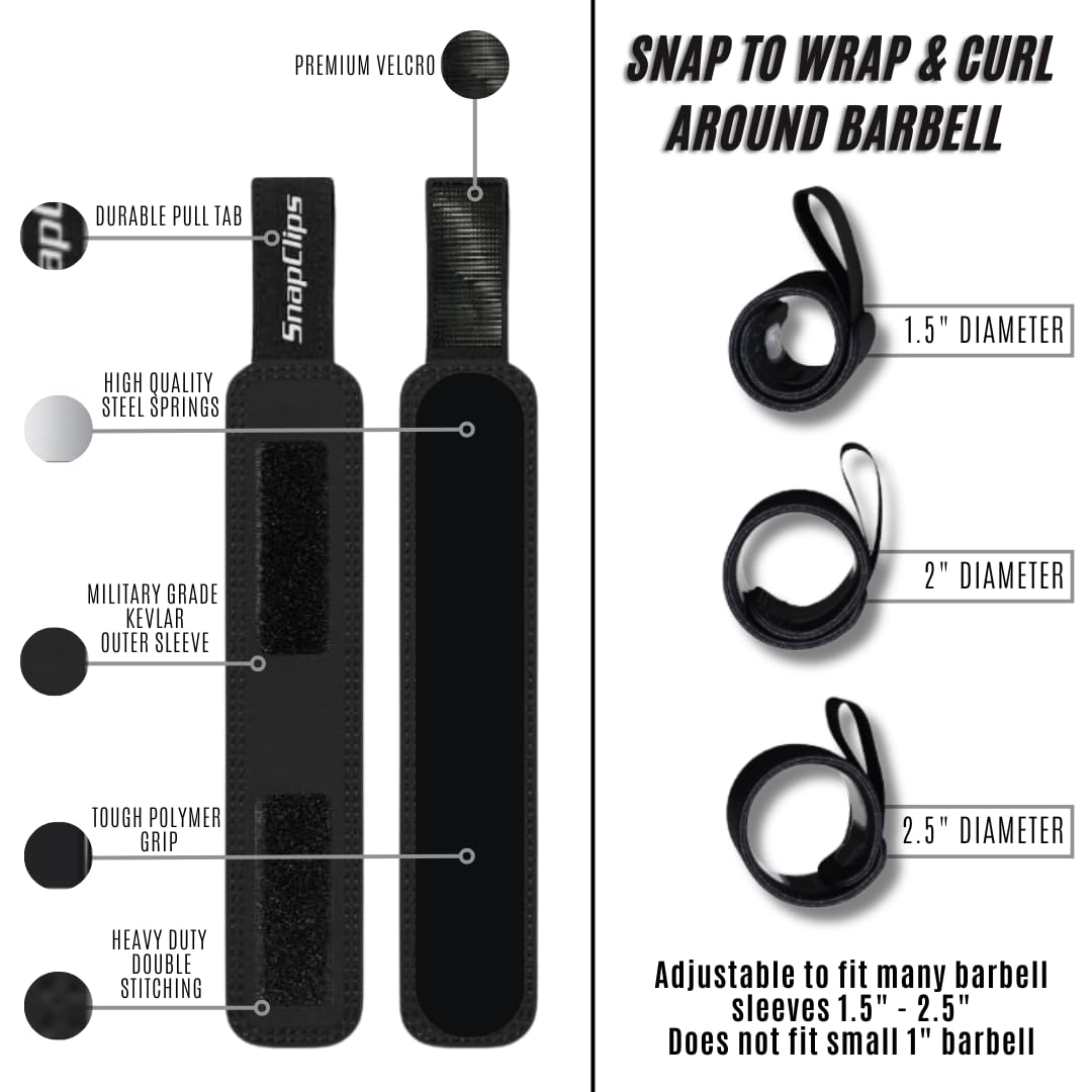 SnapClips Barbell Collars | Pair of 2” Olympic Barbell Clamps | Quick & Easy Adjustable Weight Clips | Perfect Clips for Powerlifting, Strongman (Black)