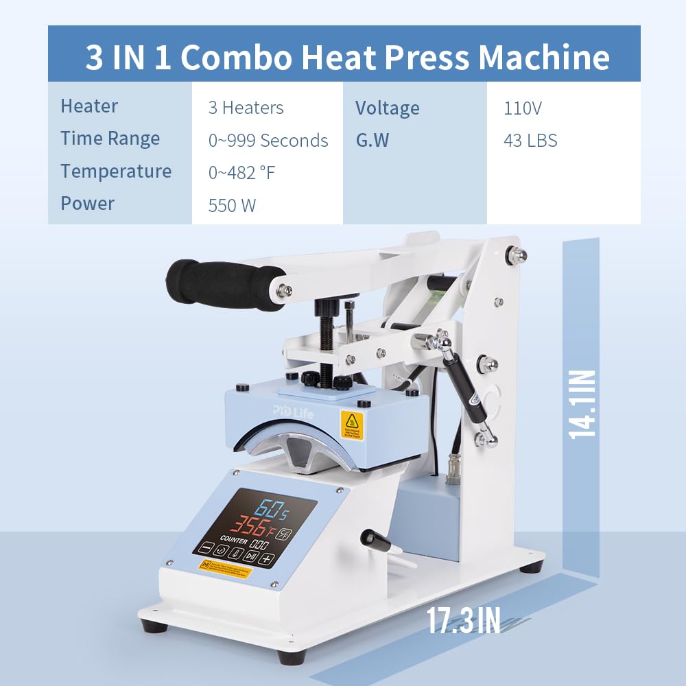 PYD Life 3 in 1 Mini Combo Heat Press Machine for Label Tag 5.8 x 5.8 Inch Light Blue 110 V Cap Hat Sublimation Pens Heat Press Machine