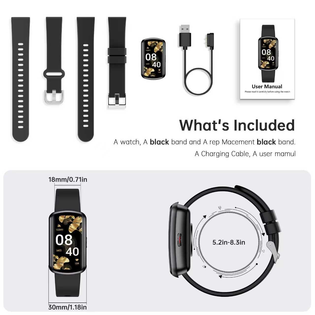 Health Fitness Tracker with 24/7 Heart Rate, Smart Watch with Blood Pressure and Blood Oxy-gen Monitor, Bulit-in 120+ Sport Mode, Waterproof Sleep Tracker for Women Men (Black)