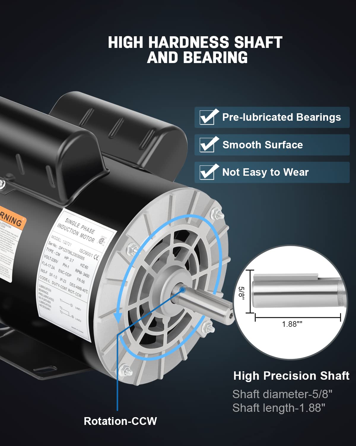 Air Compressor Motor 3.7 HP Electric Motor, 3450 RPM, 230V Single Phase, 56 Frame 5/8 Keyed Shaft 60 HZ