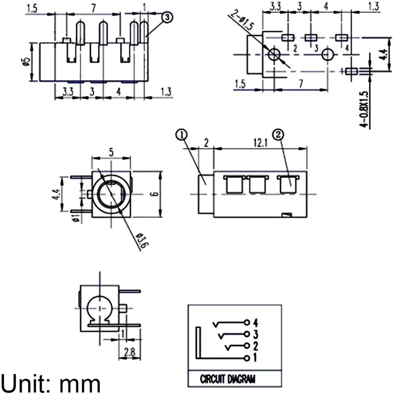 10Pcs 1/8" 3.5mm 4 PJ-320A MP3/MP4 uxcell Stereo Jack Socket, Pin PCB Mount Female Socket Headphone Audio Connector