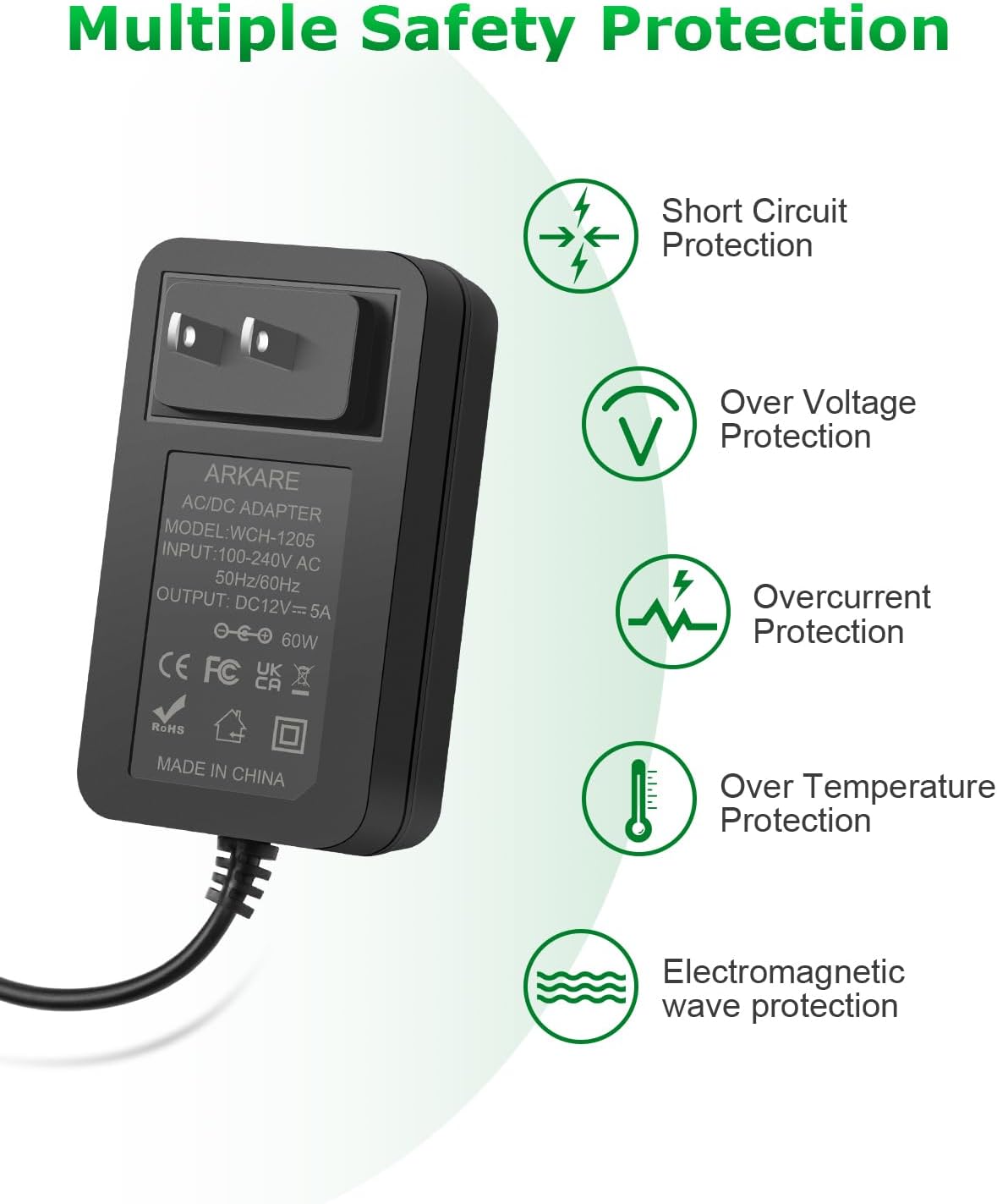 Arkare 12V 5A 60W 100-240V 12V 5Amp 4A 3A 2A 1A 5.5x2.5mm 3D 10TIPS 4.9FT Power Supply Adapter AC to DC Power Cord