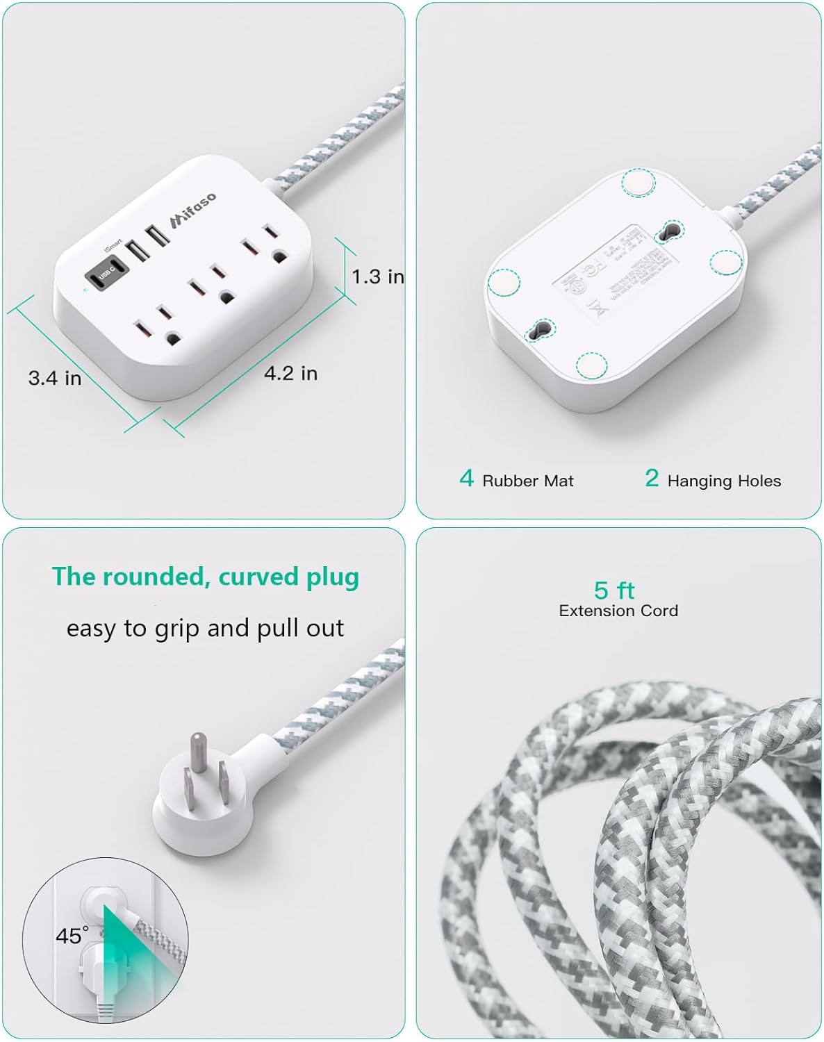 Mifaso 5Ft Cruise Ship Essentials - Power Strip with USB Ports, Flat Extension Cord with Multiple Outlets, USB Charging