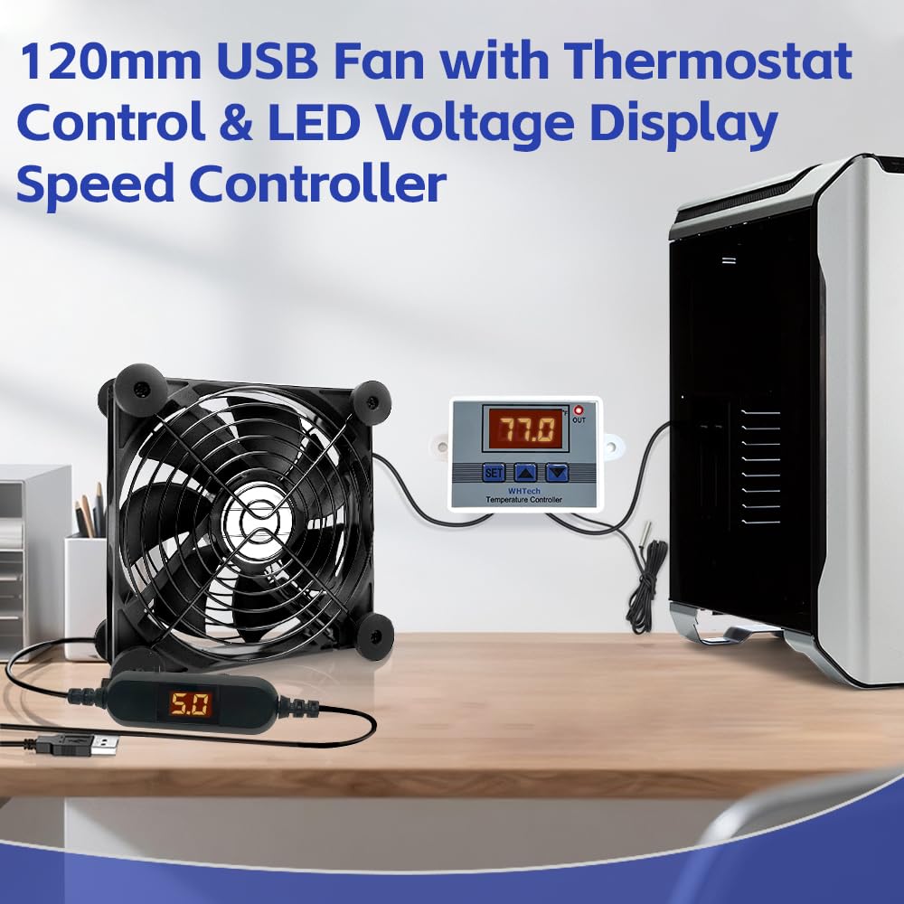 SOTOP 120mm 5V 120mm 25mm, WHTech USB Fan with Temperature Controller & LED Voltage Display Speed Controller, DC x