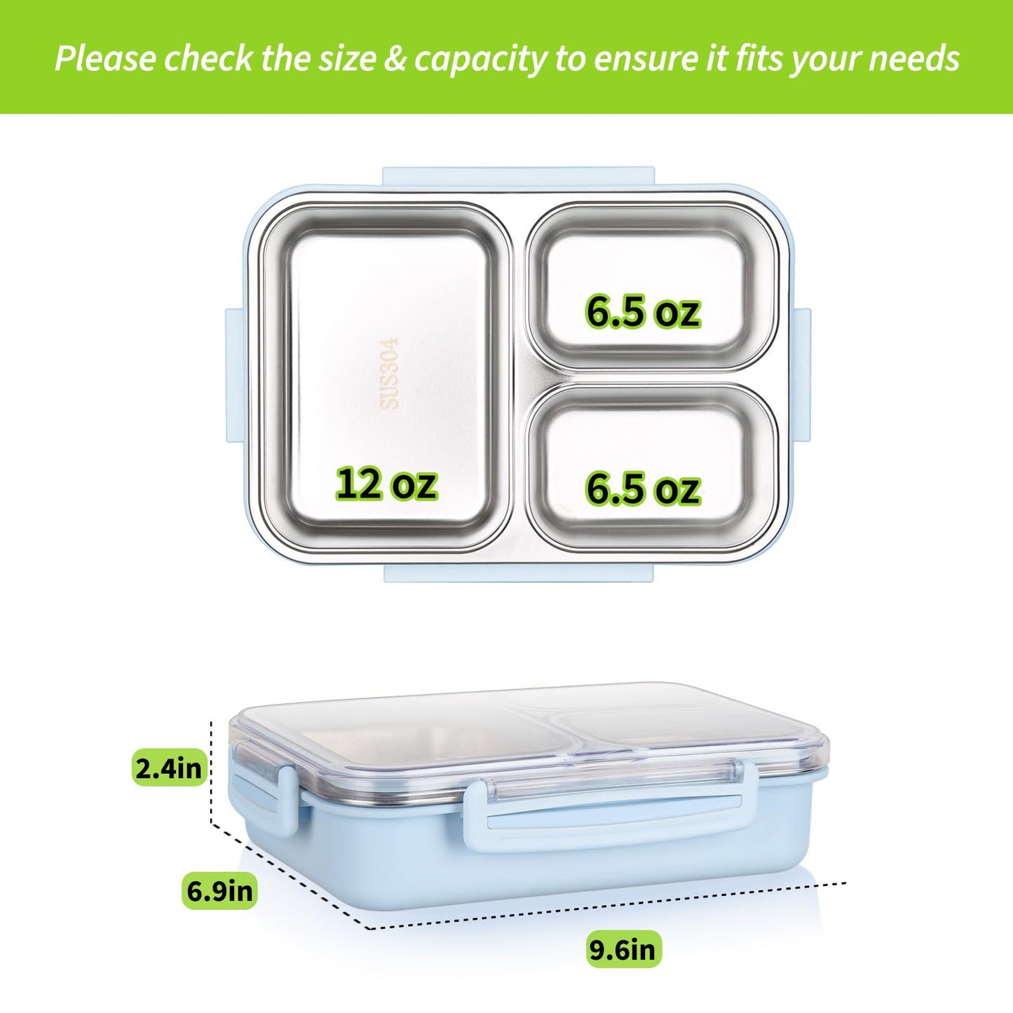 PTYTIFY Stainless Steel Bento Box, 3 Compartments Leakproof Stainless Steel Snack Containers, 25 oz Premium 304 Metal Lunch Box for Adults, BPA-Free, Dishwasher Safe (Blue)