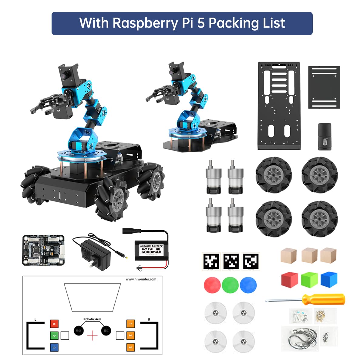 LewanSoul ROS Robotic Arm with Raspberry Pi 5 8GB Open Source Programming FPV AI Vision 6DOF/Axis Smart Robot Kit, 4WD Mecanum Wheel Big Chassis, ArmPi Pro with RPi 5 8GB