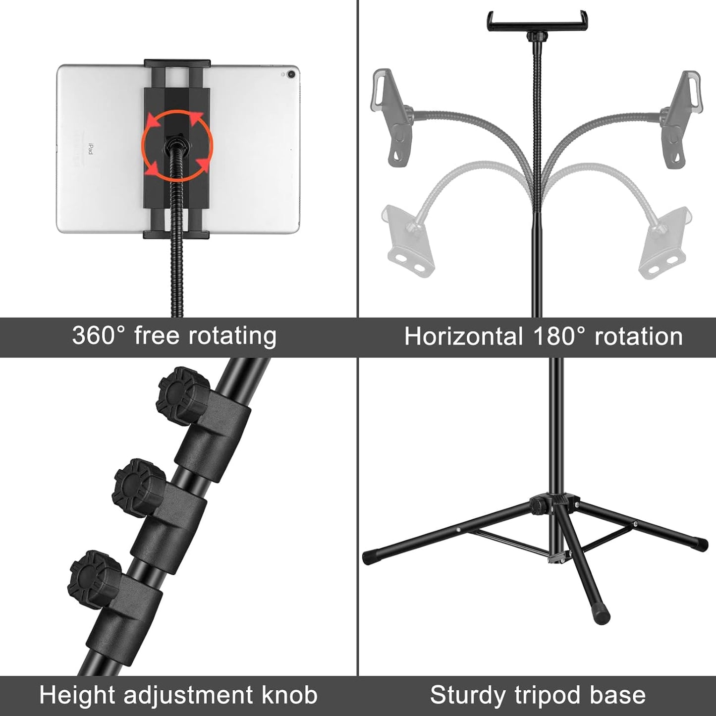 Awlbstruse 65" 360 4.5-12.9 Inch Ipad Tripod Stand, Gooseneck Height Adjustable Floor Stand with Rotating iPad Tripod
