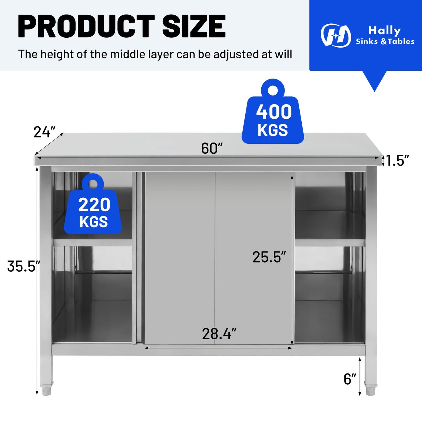 Hally Stainless Steel Cabinet, 24" x 60" NSF Commercial Heavy Duty Prep Workbench with Two Sliding Doors, Large Storage Cabinet, Metal Table for Kitchen, Restaurant, Garage