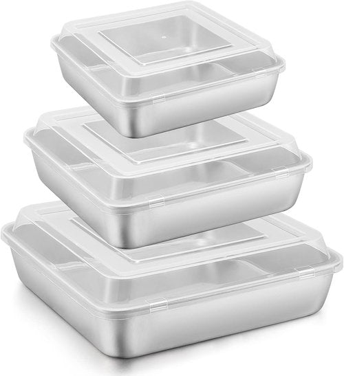 E-far Square Cake Pan Set - 6/8/9 Inch Stainless Steel Bakeware with Lids, Non-Toxic & Dishwasher Safe - 6 Pieces