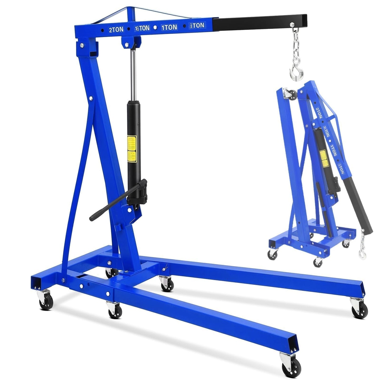 Foldable Engine Hoist, 2 Ton (4000 LB) Hydraulic Cherry Picker, Steel Mobile Load Lifter with 6 Wheels and Telescopic Boom, for Shop Crane, Garage, Workshop, Auto Repair, Heavy-Duty, Blue
