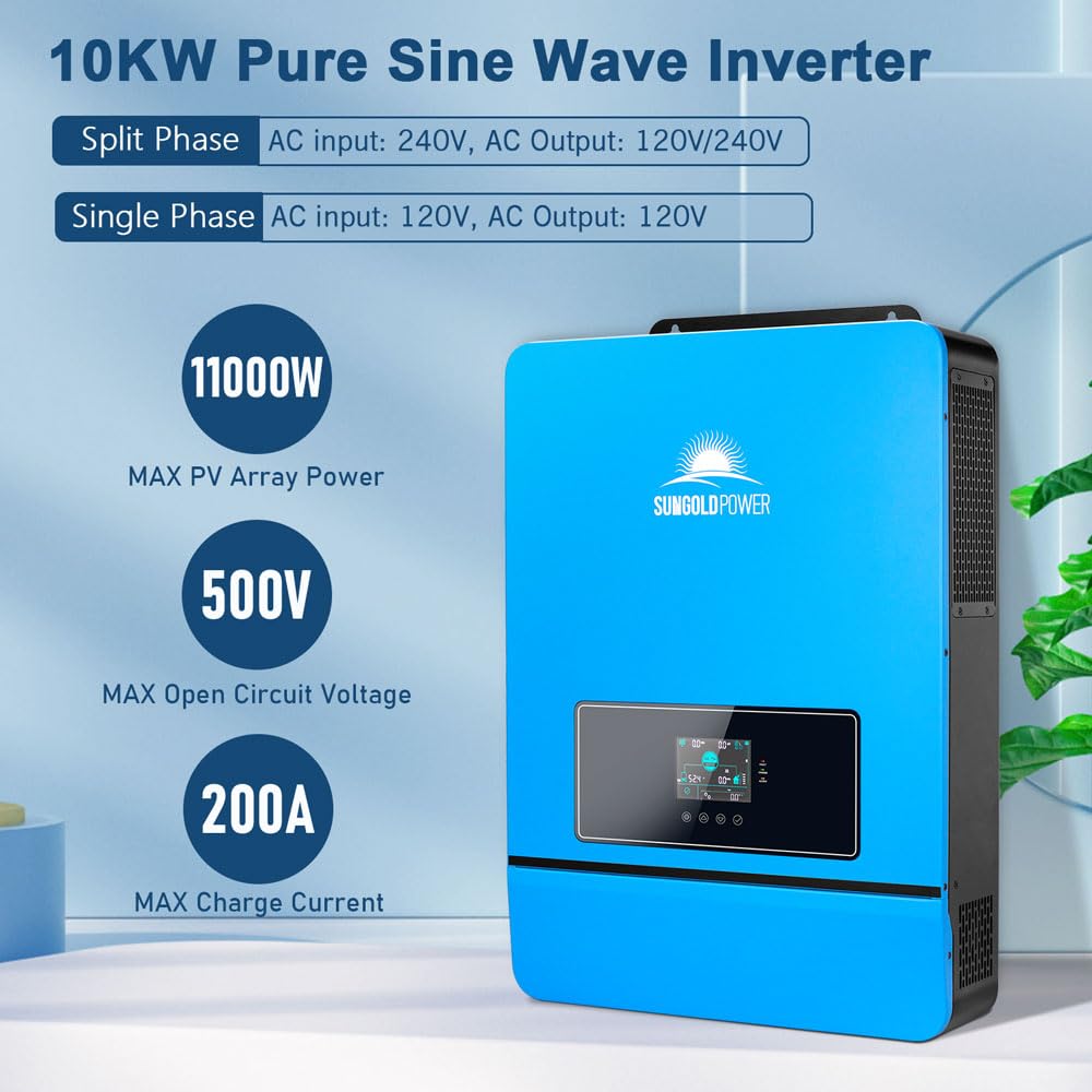 SUNGOLDPOWER 10000W DC 48V UL1741 Solar Inverter,Support Parallel, Built-in 2 MPPT Solar Controllers, Max. 200A Battery Charging, AC Input/Output 120V/240V(settable) Inverter Charger(10000W DC 48V)