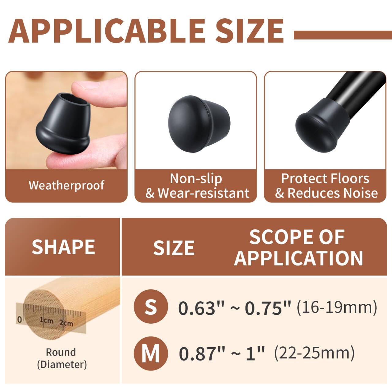 Ezprotekt 1" Rubber Chair Leg Caps, 24 Pcs Round Non-Slip Chair Leg Floor Protectors, Furniture Stool Leg Feet Covers for Bar, Tables, Patio Metal Legs, Black (M Fit: 0.87" - 1")