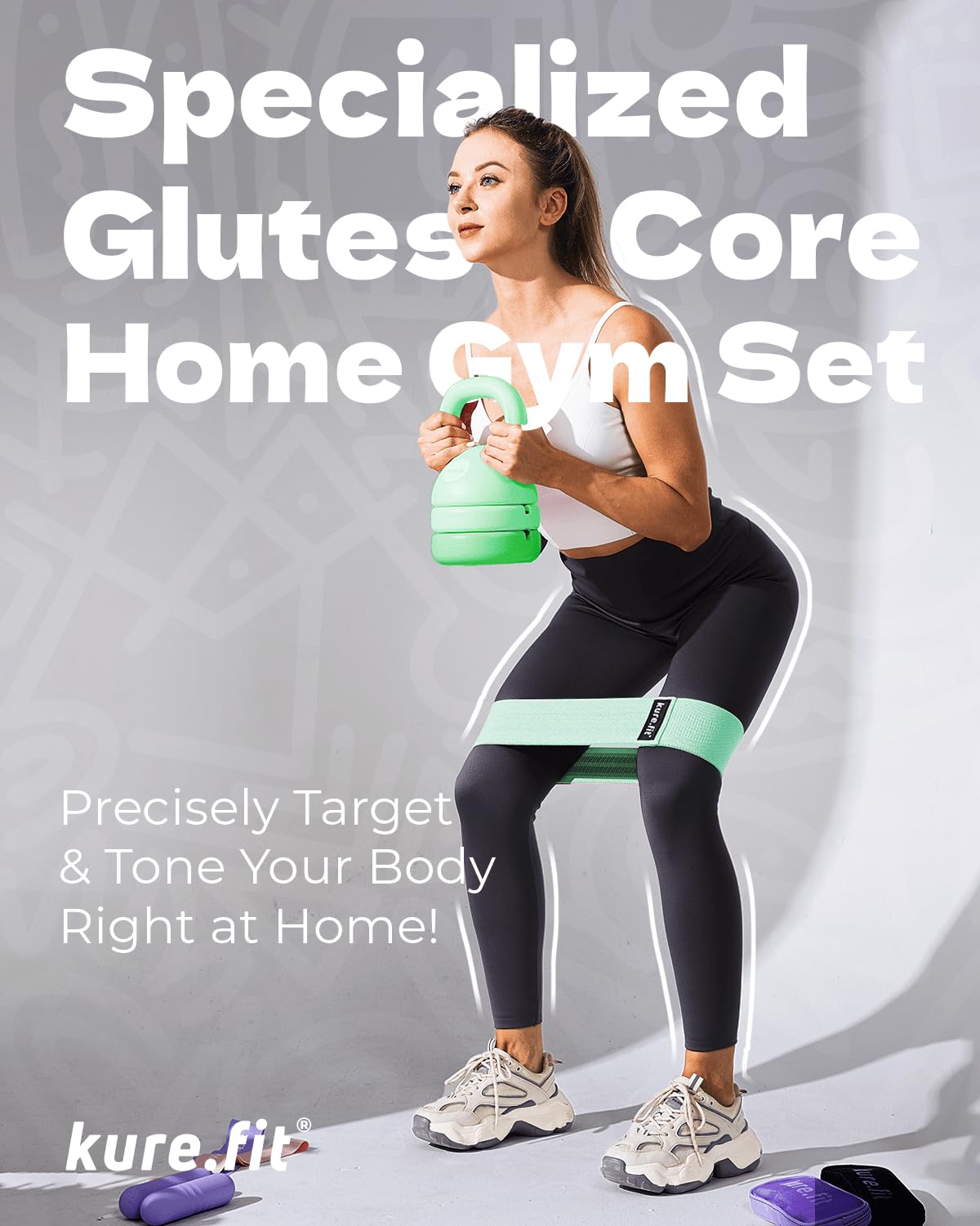 kure.fit Adjustable Kettlebell | 5 lb - 12 lb | Kettlebell Weights Set for Home Gym | Full-Body Workouts, Strength Training, Weight Loss | Fabric Booty Band | Beginners & Women | Sage Green