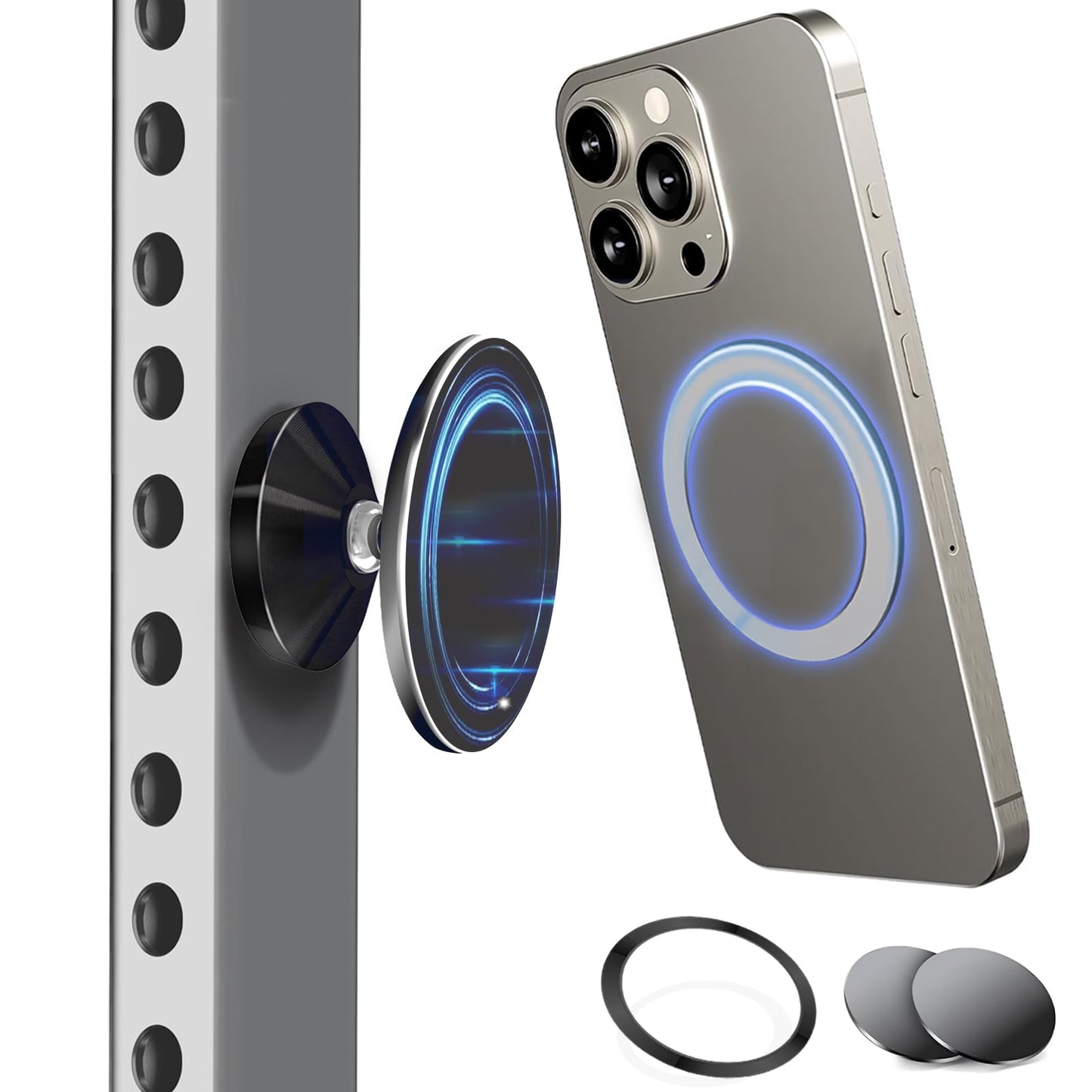 Double Sided Magnetic Phone Holder, 360° Adjustable for Gym and Golf Carts, Strong Magnet, Shoot Hands-Free Videos During Exercise, Compatible with MagSafe Cases & iPhone 17/16/15/14/13 Pro Max Plus