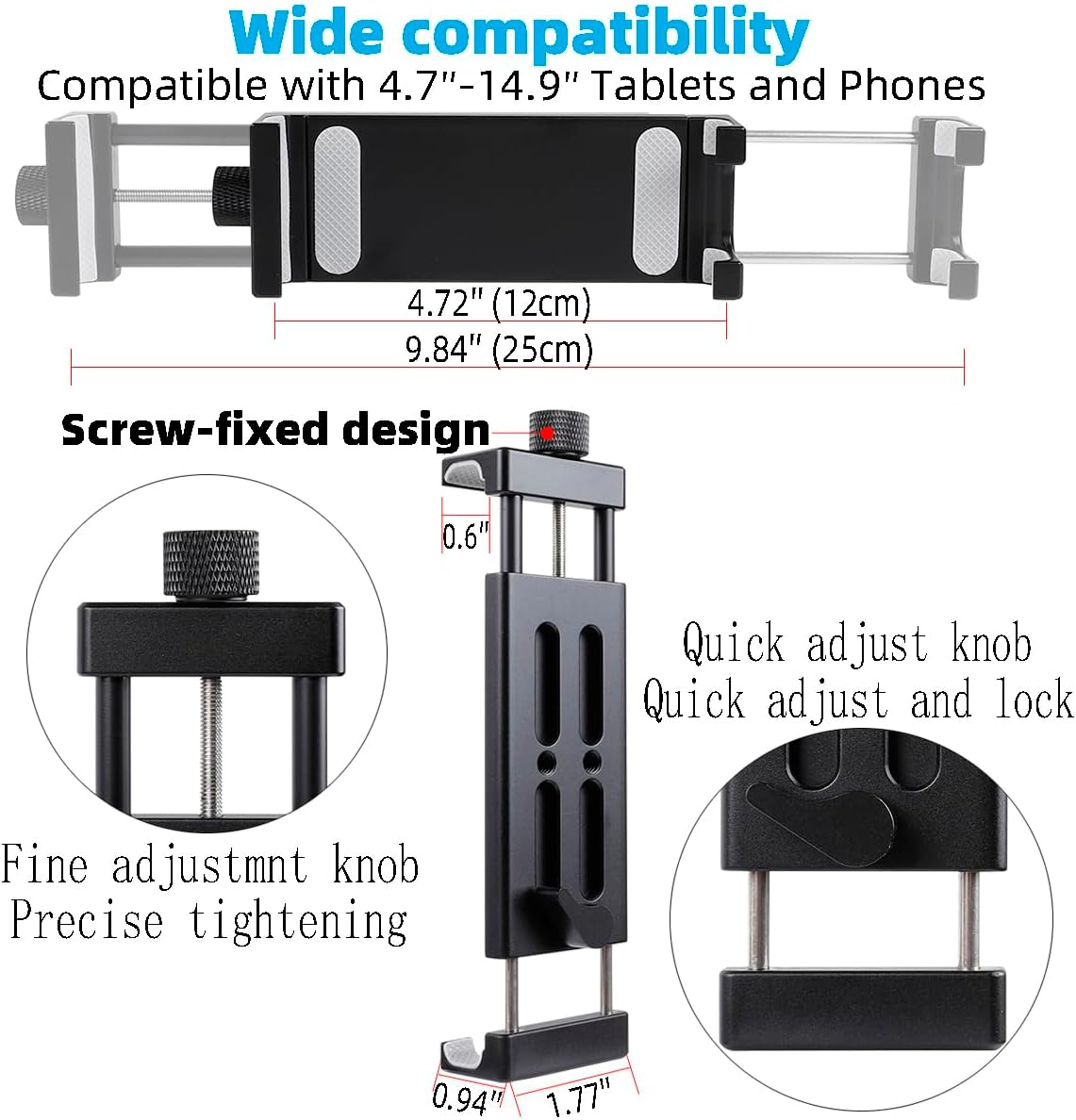 Leenconghui 4.7"-15" All-Aluminum Car Tablet Holder with Heavy Duty Drill Base, Compatible with iPad Pro Mini Samsung