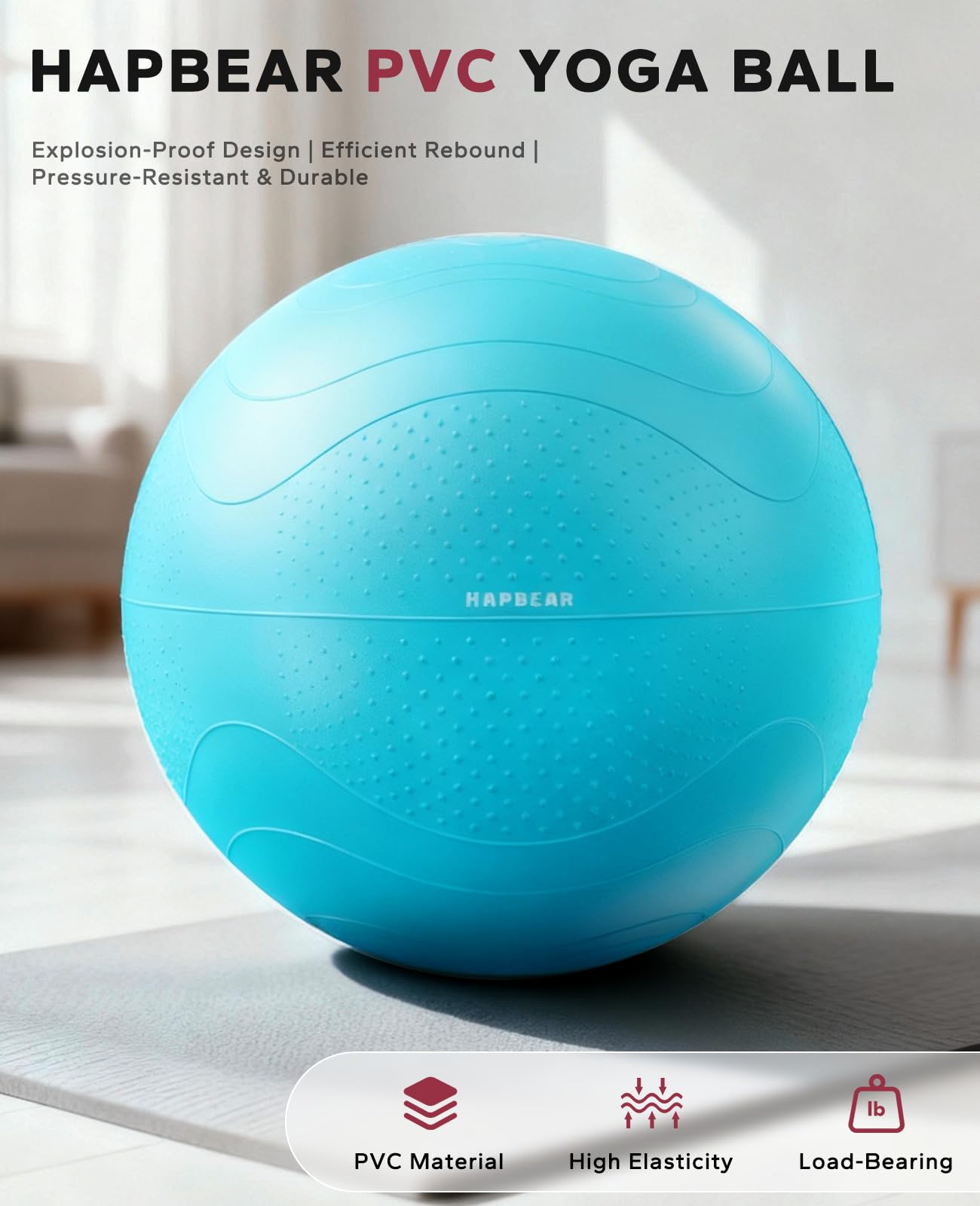 HAPBEAR Exercise Ball (22''/26''/30'') - Anti-Burst Slip-Resistant Yoga/Pilates Ball for Core Training & Posture Improvement, Home Gym/Rehab/Pregnancy Ball, Quick Pump & 3 Resistance Bands Included