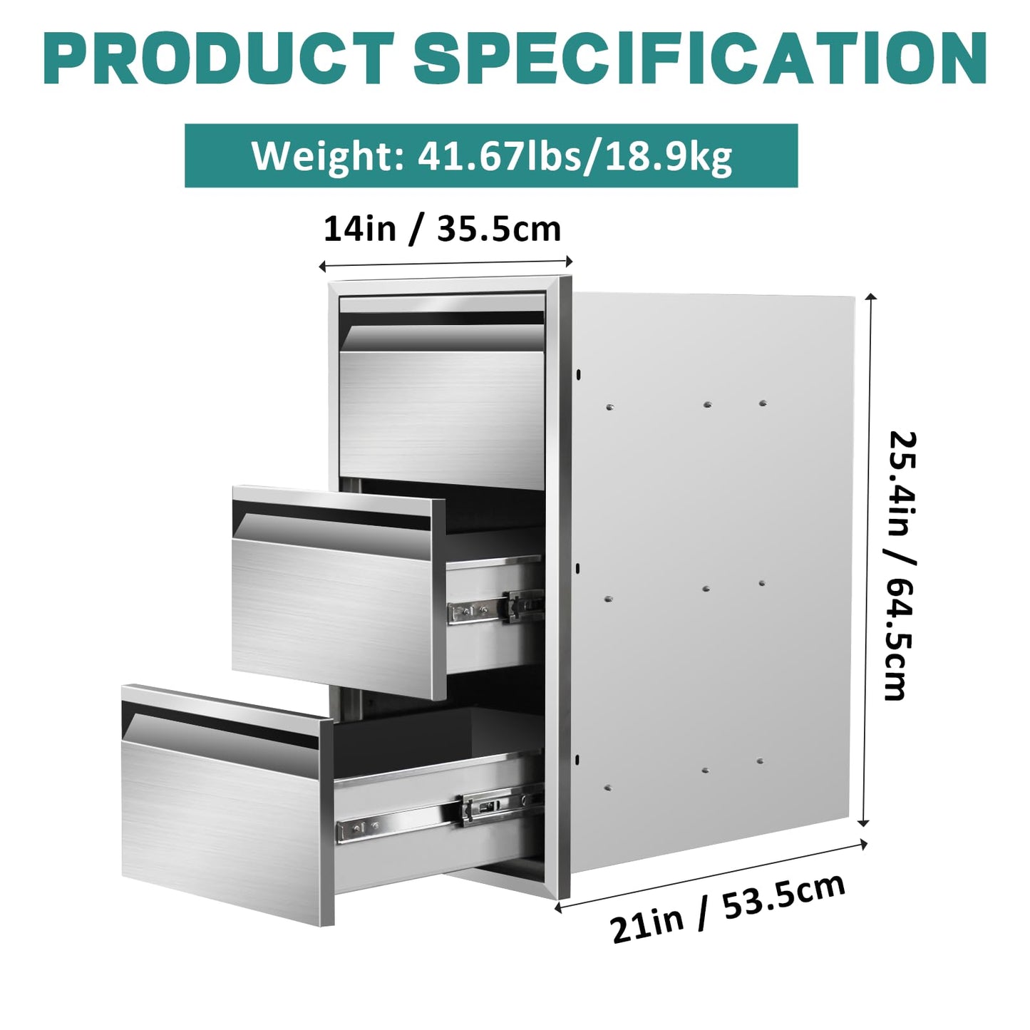 Outdoor Kitchen Drawers 14" W x 25.4"H x 21"D Stainless Steel Drawer BBQ Triple Drawers with Hidden Handle for Outdoor Kitchen Island, Patio Grill Station
