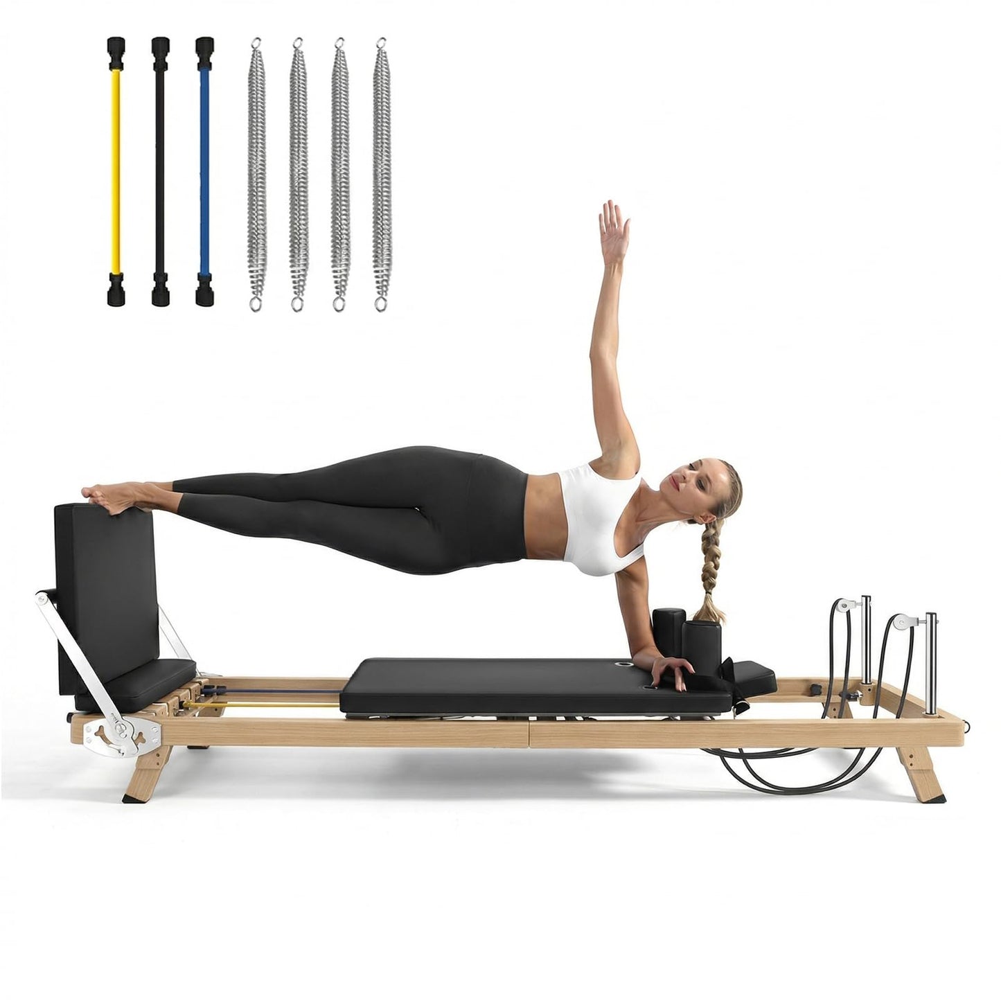 75" Foldable Pilates Reformer Machine for Home Use, Professional Stainless Steel with Wood-Grain Finish, Hybrid Resistance (Springs & Latex), Wellness Gift for Petite Women up to 5'9"