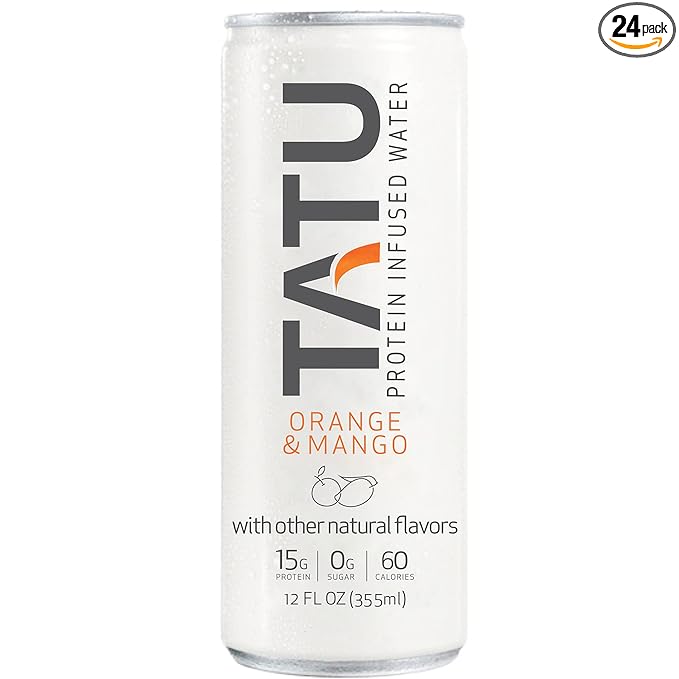 TATU Ready-To-Drink Protein Infused Water Orange Mango 24 Pack. 15 grams of whey protein isolate, 0 grams of sugar, only 60 calories. Lemon Ginger and Orange Mango. Gluten Free, lactose free.