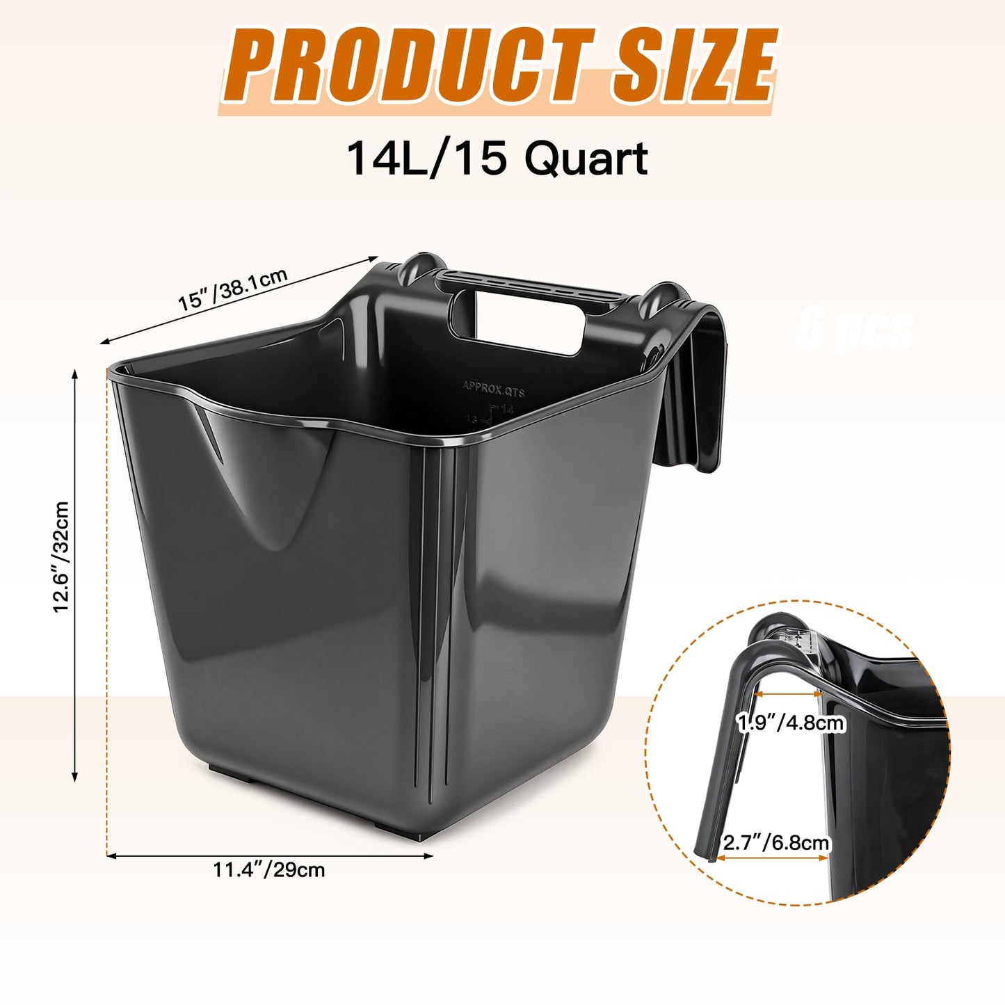 MIYABALA Horse Feed Bucket,15 Quart Plastic Hook Over Horse Feeder for Easy Hanging,Mountable Heavy Duty Livestock Feeders for Horses Sheep Cattle Cows (6)