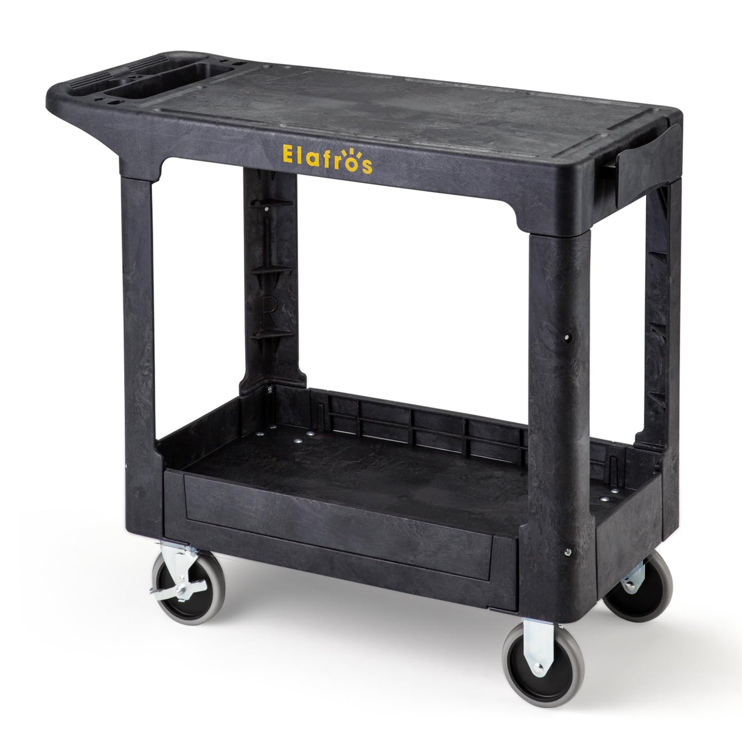 ELAFROS Heavy Duty Plastic Utility Cart Flat top 37 x 18.8 Inch - Work Cart Flat Shelves and 2 Fixed 2 Swivel Wheels Safely Holds up to 550 lbs - 2 Tier Service Cart for Warehouse,Garage, Black