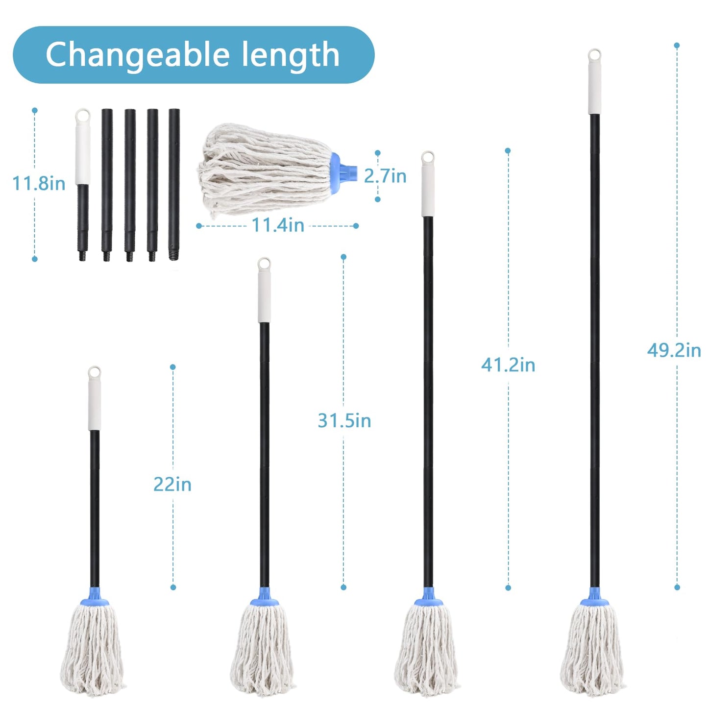 Indoor Mop for Floor Cleaning - Cotton Mops for Floor Cleaning, Regular Mop for Floors, 49-inch Simple Mops for Cleaning Living Rooms, Bathrooms, and Kitchens. (White&Blue)