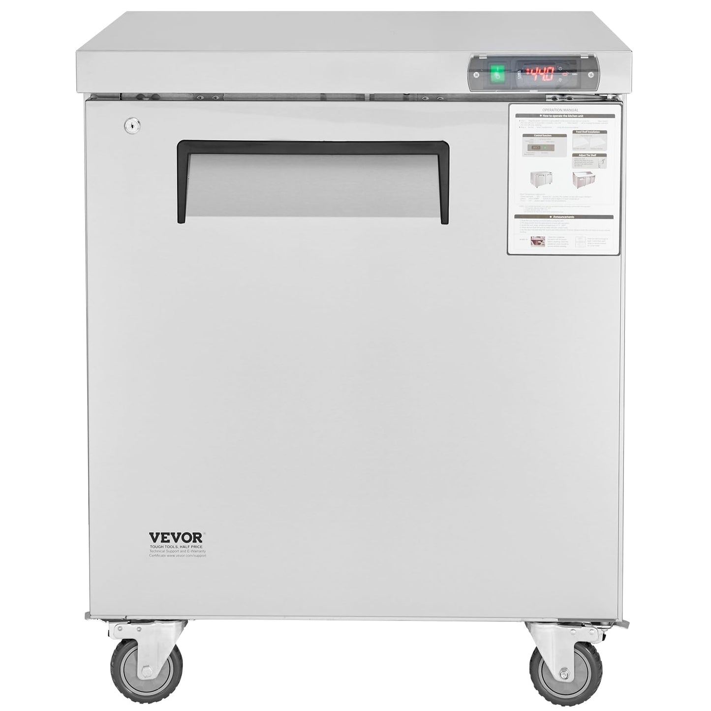 VEVOR 28" W Commercial Freezer Worktop, 7.4 Cu. Ft Undercounter Freezers with/Casters, <0~-8℉>Defrost Frozen Prep Table, Single Door Stainless Steel Food Frozen Prep Station for Restaurant, Diner