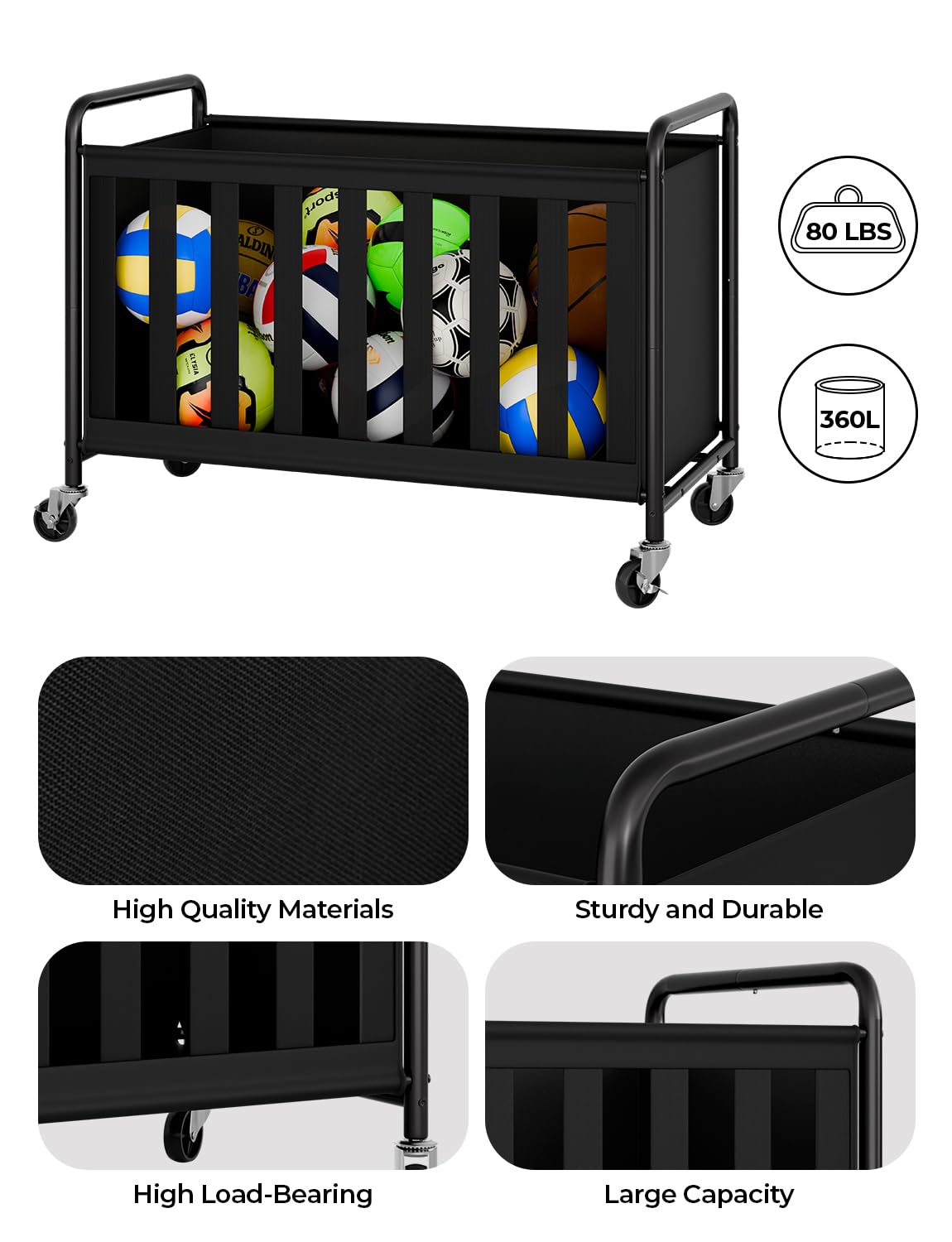 StorageWorks Ball Storage with Wheels, Ball Cart for Garage, Garage Sports Equipment Organizer with Hooks, Balls Organizer for Basketball, Football, Volleyball
