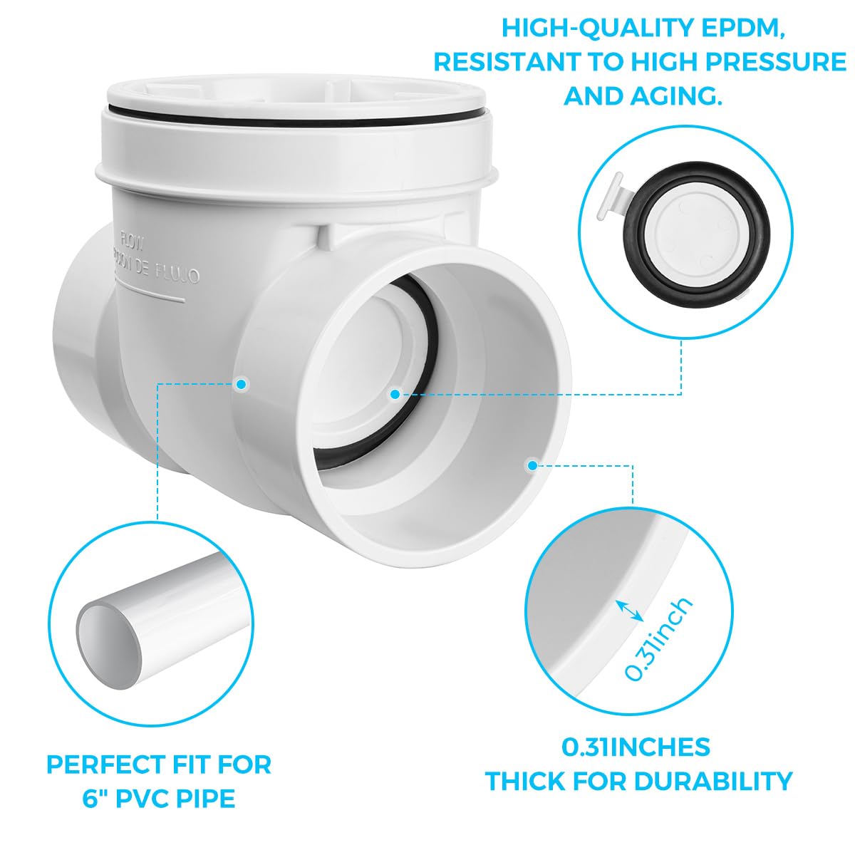 Cinsda 6" PVC Backwater Valve, 6 Inch Back Flow Preventer Valve, Backflow Water Valve Prevents Sewage Backflow