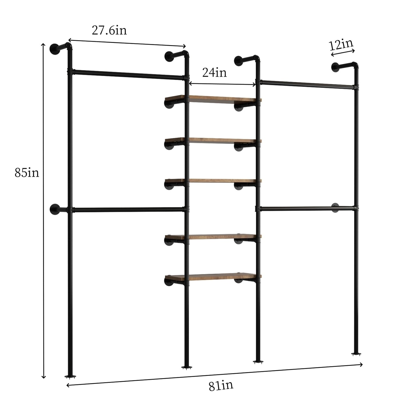 WTPLWD Industrial Pipe Clothing Racks with 5 Shelves, Wall Mounted Clothes Rack for Hanging Clothes, Black Wall Clothing Rack, Heavy Duty Clothes Rack for Walk in Closet, Laundry Room