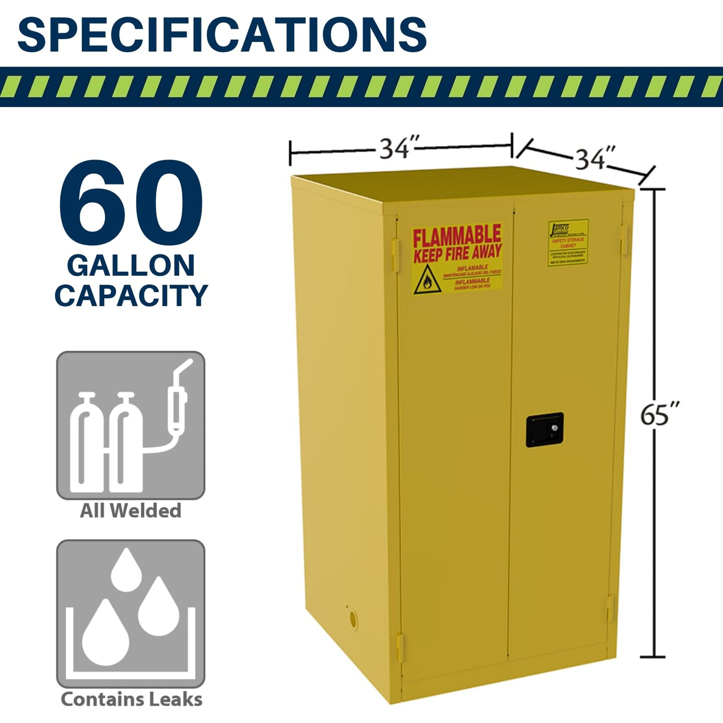 Jamco 60 Gallon Flammable Safety Cabinet, Steel Flammable Storage Cabinet with Lockable Manual Closing Doors, Non Forkliftable, 34" x 34" x 65", Yellow