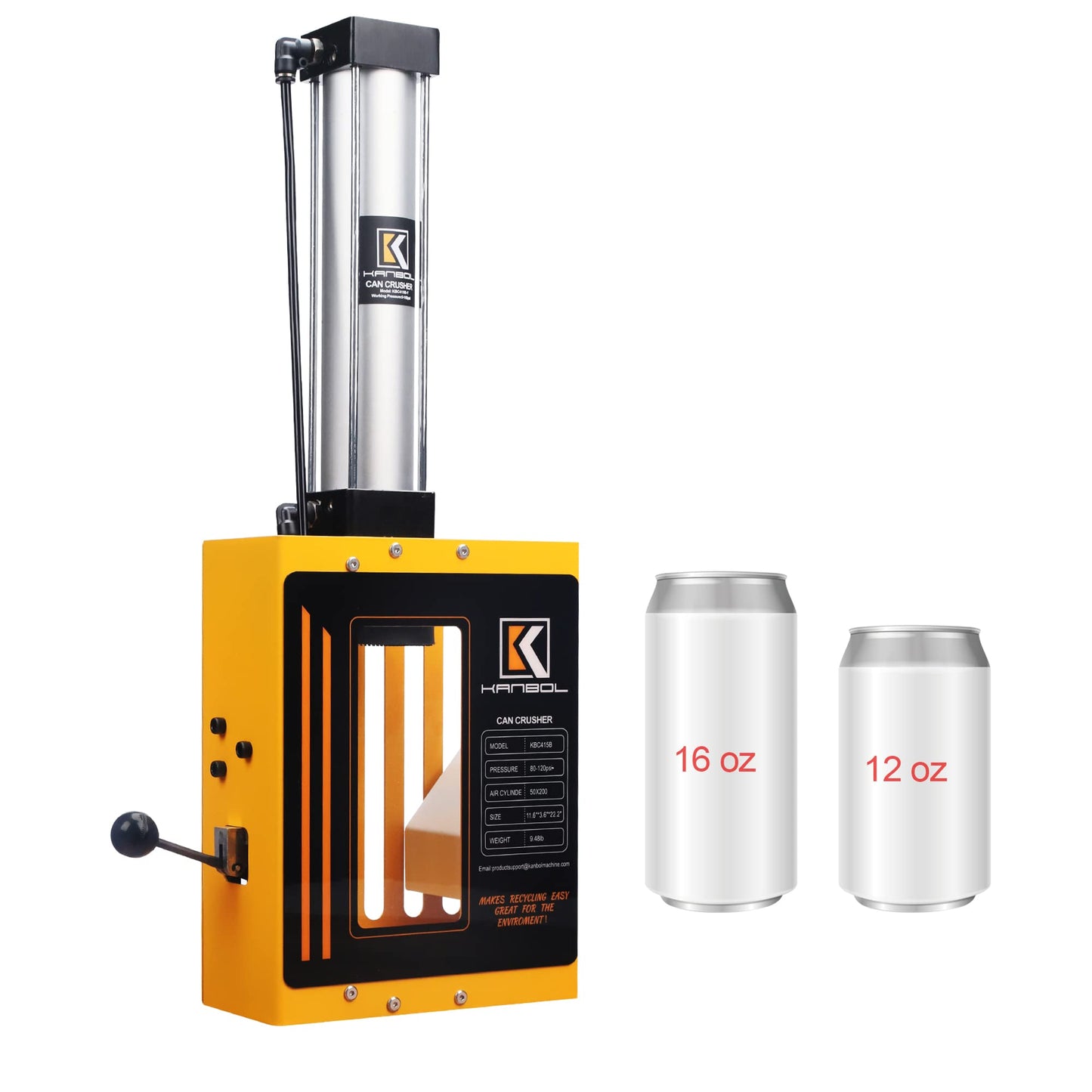 KANBOL Yellow Air-Powered Can Crusher – Fully Enclosed Design for Safe 12oz/16oz Aluminum Can Crushing – Wall Mount Recycling Tool