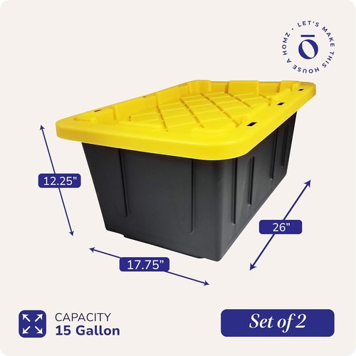 HOMZ Heavy Duty Plastic Storage Bins - 15 Gallon Stackable Containers with Lids | Black/Yellow