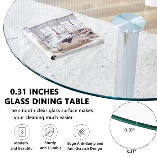 HYYTEIBL 27.3" Round Glass Dining Table, Modern Circular, Sturdy Base and Perfect for 2-4 Seat, Bistro Style for Dining Room, Living Room, Balcony, Cafe